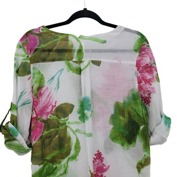 Vintage Tropical Gauze Beach Coverup Top Blouse XL White Floral Tab Sleeve Aloha - Picture 10 of 13